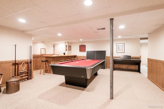 2732 Winter Park Ct, Rochester Hills, MI 48309 - recreation room featuring a wainscoted wall, light colored carpet, wooden walls, bar area, and recessed lighting