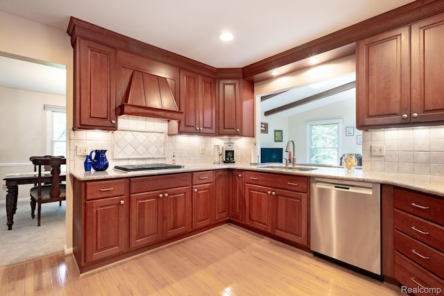 2732 Winter Park Ct, Rochester Hills, MI 48309 - kitchen featuring stainless steel appliances, custom exhaust hood, light wood-style floors, tasteful backsplash, and vaulted ceiling