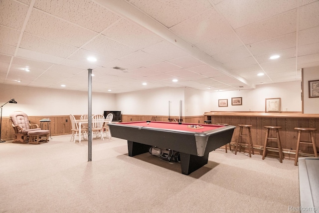 2732 Winter Park Ct, Rochester Hills, MI 48309 - playroom featuring wet bar, carpet floors, wainscoting, a paneled ceiling, and pool table