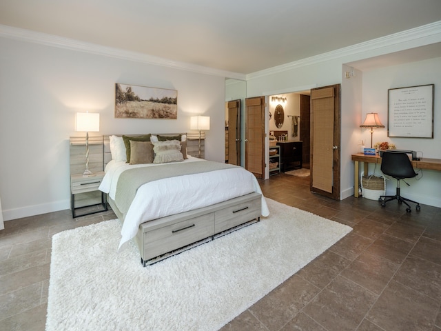 4040 Greenleaf Cir Unit 108, Kalamazoo, MI 49008 - bedroom featuring ornamental molding, a desk, and stone tile flooring