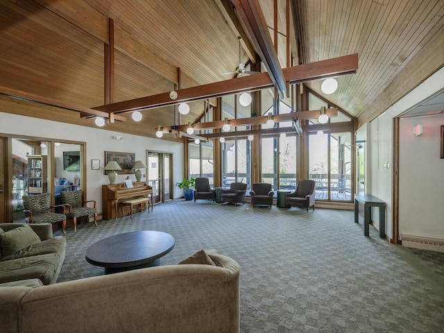 4040 Greenleaf Cir Unit 108, Kalamazoo, MI 49008 - carpeted living area with high vaulted ceiling and a wooden ceiling with exposed beams