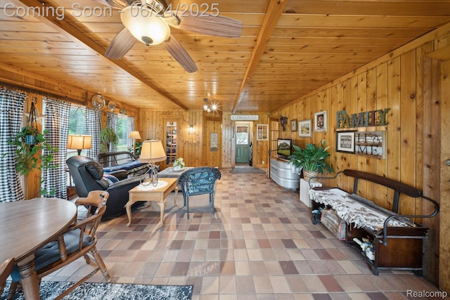 8450 Rosbolt Rd, Willis, MI 48191 - living area featuring wooden ceiling, a ceiling fan, and wooden walls