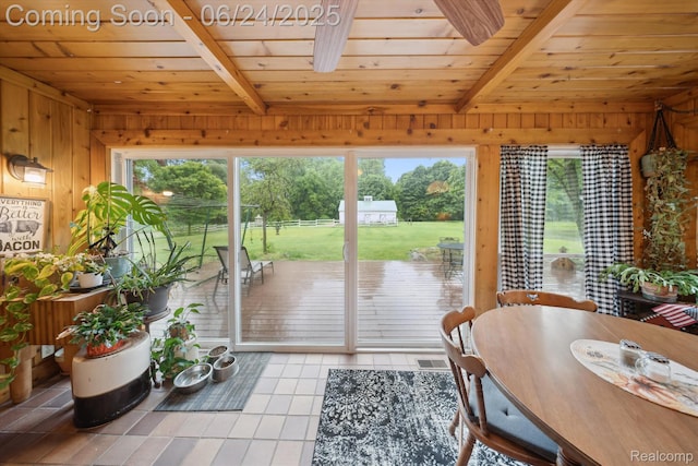 8450 Rosbolt Rd, Willis, MI 48191 - dining space featuring a wood ceiling with exposed beams, wooden walls, healthy amount of natural light, and tile patterned flooring