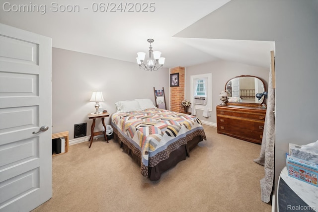 8450 Rosbolt Rd, Willis, MI 48191 - bedroom featuring light colored carpet, a chandelier, and lofted ceiling