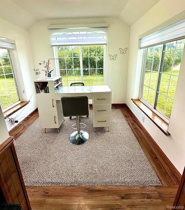 4502 E Wilkinson Rd, Owosso, MI 48867 - office with vaulted ceiling and dark wood-style flooring