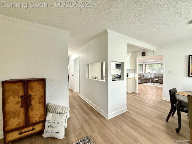 2526 Genes Dr, West Bloomfield, MI 48326 - corridor with light wood-style flooring, a textured ceiling, and crown molding