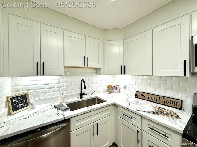 2526 Genes Dr, West Bloomfield, MI 48326 - kitchen featuring dishwasher, white cabinets, tasteful backsplash, light stone counters, and a textured ceiling