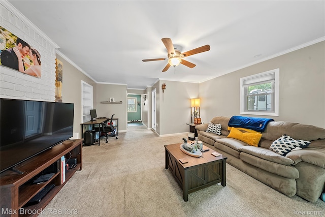 888 Mallock Rd, White Lake, MI 48386 - living room featuring light colored carpet, ornamental molding, and a ceiling fan