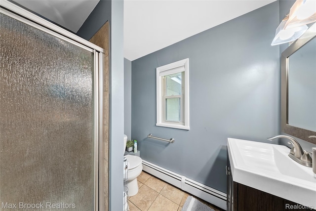 888 Mallock Rd, White Lake, MI 48386 - bathroom with a baseboard radiator, tile patterned flooring, a shower stall, and vanity