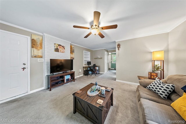 888 Mallock Rd, White Lake, MI 48386 - living area with ceiling fan, light carpet, crown molding, and a desk