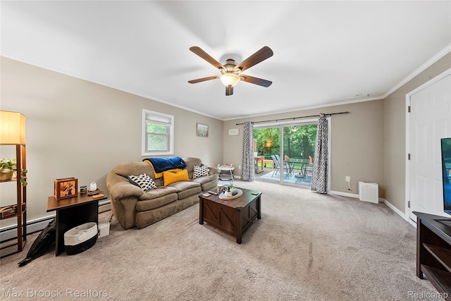 888 Mallock Rd, White Lake, MI 48386 - carpeted living room featuring a ceiling fan, crown molding, and healthy amount of natural light