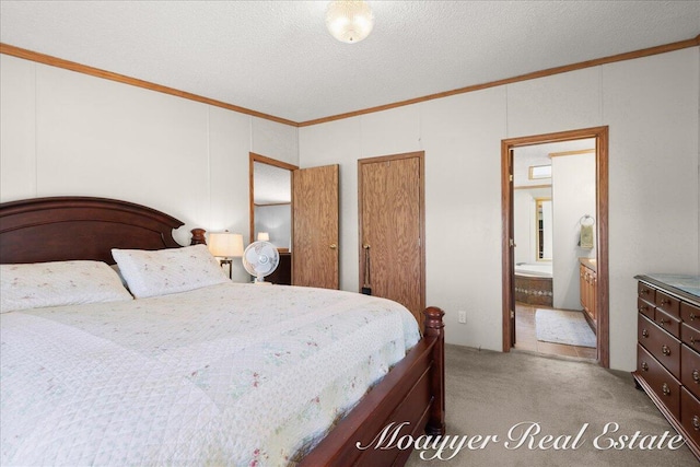 3516 140th Ave, Hamilton, MI 49419 - bedroom with ornamental molding, light colored carpet, connected bathroom, and a textured ceiling