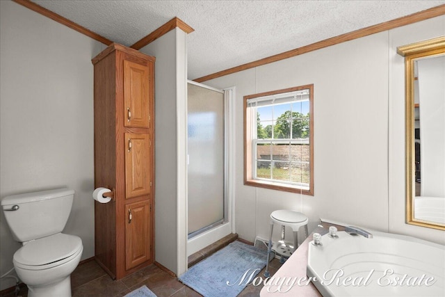 3516 140th Ave, Hamilton, MI 49419 - bathroom with crown molding, a shower stall, a bath, and a textured ceiling