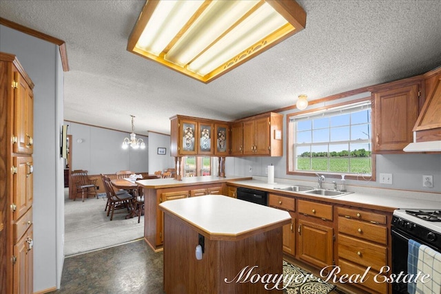 3516 140th Ave, Hamilton, MI 49419 - kitchen featuring a peninsula, white gas range oven, a textured ceiling, dishwasher, and brown cabinetry
