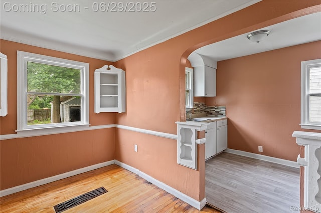 16746 Bramell St, Detroit, MI 48219 - kitchen featuring light wood-type flooring, plenty of natural light, arched walkways, and light countertops