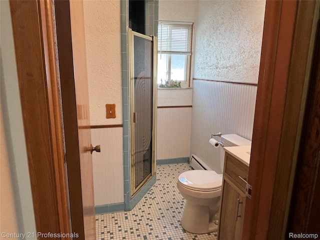 8105 Busch, Center Line, MI 48015 - full bath featuring vanity, wainscoting, a stall shower, a baseboard heating unit, and a textured wall