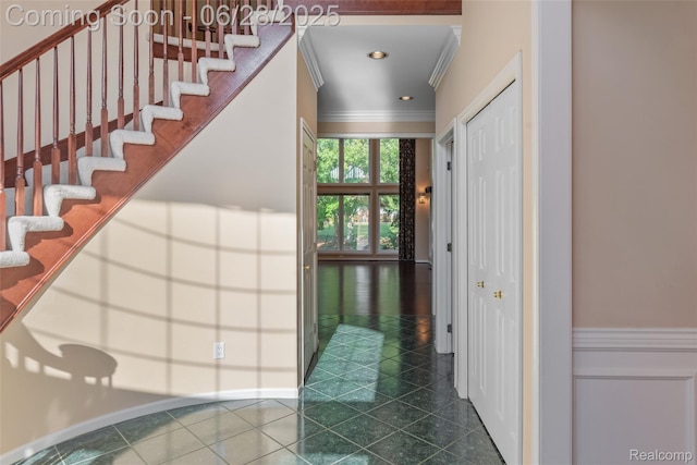 17601 Rolling Woods Cir, Northville, MI 48168 - entryway with ornamental molding, tile patterned floors, stairway, and recessed lighting