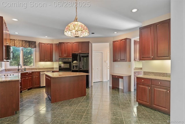 17601 Rolling Woods Cir, Northville, MI 48168 - kitchen featuring black appliances, a center island, hanging light fixtures, light stone counters, and recessed lighting
