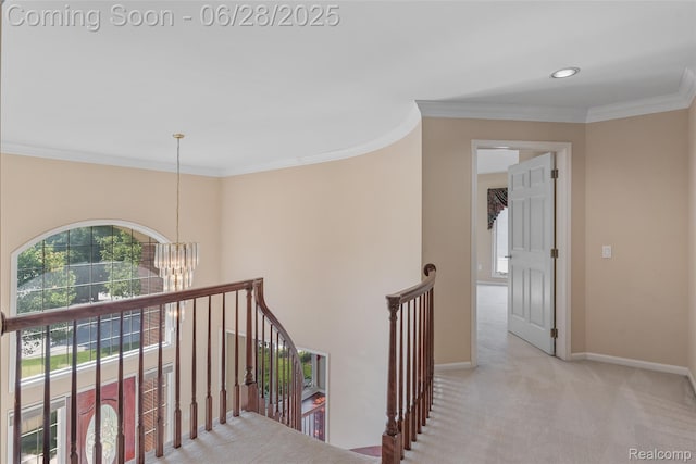 17601 Rolling Woods Cir, Northville, MI 48168 - hallway featuring an upstairs landing, a chandelier, crown molding, carpet floors, and recessed lighting