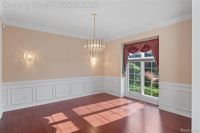 17601 Rolling Woods Cir, Northville, MI 48168 - unfurnished dining area with a chandelier, dark wood finished floors, a wainscoted wall, and ornamental molding