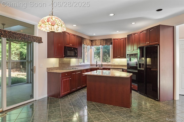 17601 Rolling Woods Cir, Northville, MI 48168 - kitchen featuring black appliances, pendant lighting, a center island, light stone counters, and dark brown cabinets