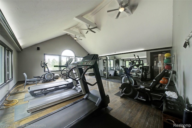 2635 Greenstone Blvd Unit 508, Auburn Hills, MI 48326 - gym with ceiling fan, wood finished floors, beamed ceiling, and high vaulted ceiling