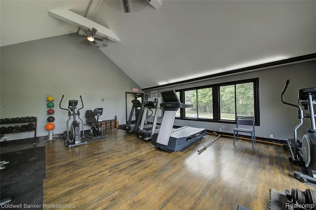 2635 Greenstone Blvd Unit 508, Auburn Hills, MI 48326 - workout area featuring wood finished floors, a ceiling fan, beam ceiling, and high vaulted ceiling