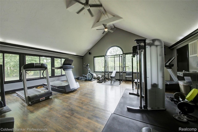 2635 Greenstone Blvd Unit 508, Auburn Hills, MI 48326 - workout area with a ceiling fan, beam ceiling, wood finished floors, and high vaulted ceiling