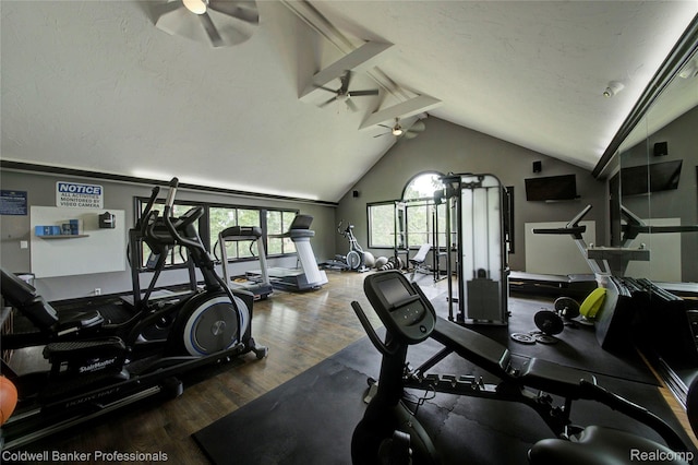 2635 Greenstone Blvd Unit 508, Auburn Hills, MI 48326 - exercise room with ceiling fan, wood finished floors, beam ceiling, and high vaulted ceiling