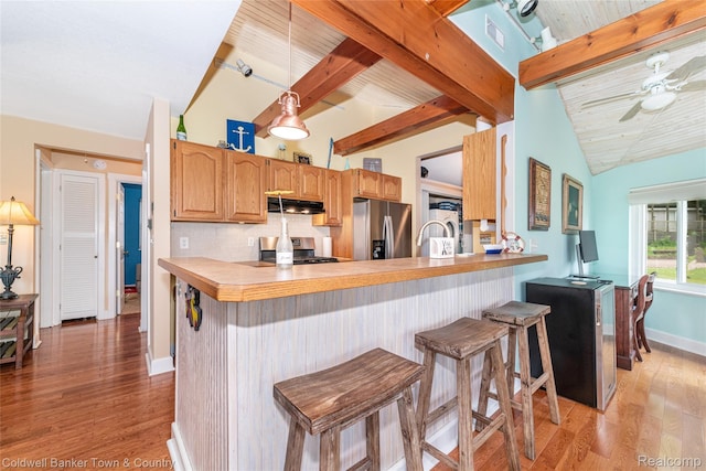 11729 Algonquin Dr, Pinckney, MI 48169 - kitchen with stainless steel refrigerator with ice dispenser, under cabinet range hood, light wood-style flooring, tasteful backsplash, and a ceiling fan