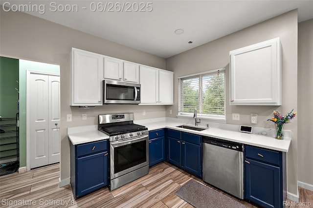 2155 Canal St, Commerce Twp, MI 48382 - kitchen with appliances with stainless steel finishes, blue cabinets, white cabinets, and wood finish floors