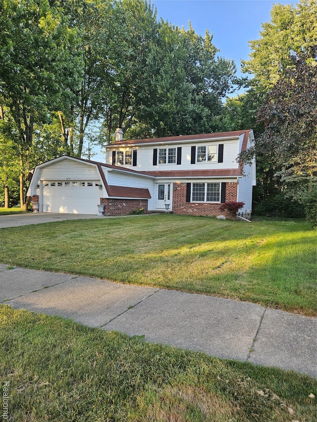 3976 Bristol Dr, Troy, MI 48083 - view of front of property with a front yard, concrete driveway, brick siding, a garage, and a chimney