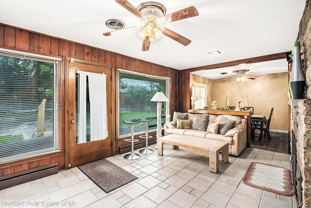 19100 Coral Gables St, Southfield, MI 48076 - living area with baseboard heating, wooden walls, and ceiling fan