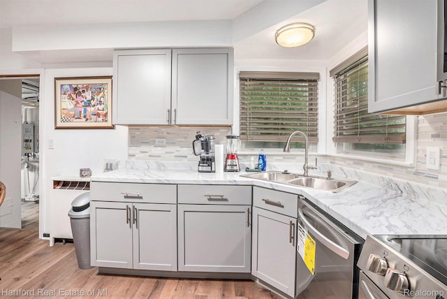 19100 Coral Gables St, Southfield, MI 48076 - kitchen featuring dishwasher, gray cabinets, backsplash, and light wood-style flooring