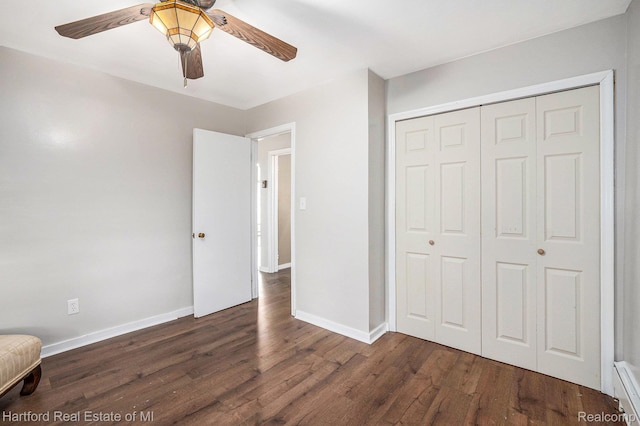 19100 Coral Gables St, Southfield, MI 48076 - unfurnished bedroom with dark wood-style flooring, a closet, and ceiling fan