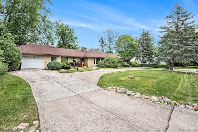 19100 Coral Gables St, Southfield, MI 48076 - ranch-style house featuring concrete driveway, a garage, a front lawn, a chimney, and brick siding