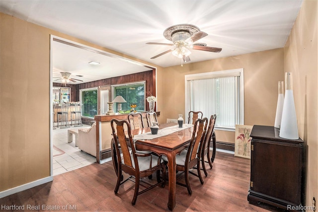 19100 Coral Gables St, Southfield, MI 48076 - dining room featuring a ceiling fan, wood finished floors, and a baseboard heating unit