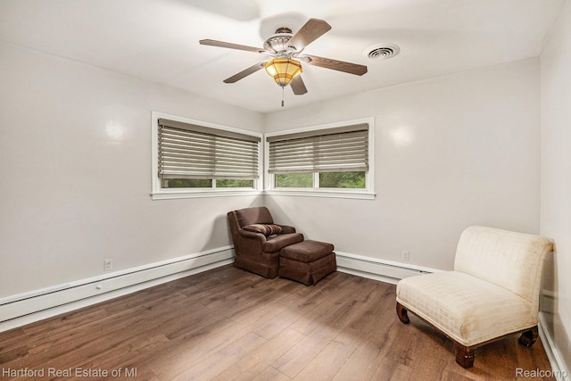 19100 Coral Gables St, Southfield, MI 48076 - sitting room featuring a baseboard heating unit, a baseboard radiator, wood finished floors, and ceiling fan