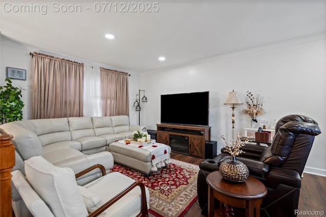 23528 Londonderry, Novi, MI 48375 - living room featuring crown molding, dark wood-style floors, and recessed lighting