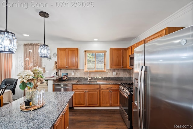 23528 Londonderry, Novi, MI 48375 - kitchen with stainless steel appliances, brown cabinetry, dark stone countertops, decorative backsplash, and ornamental molding