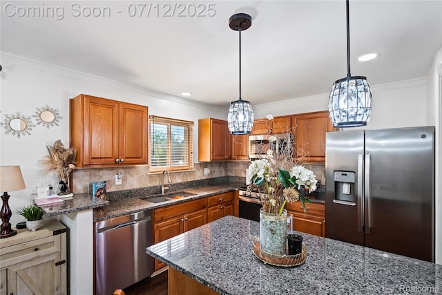 23528 Londonderry, Novi, MI 48375 - kitchen featuring appliances with stainless steel finishes, a chandelier, backsplash, brown cabinetry, and ornamental molding