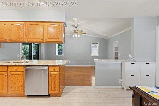 41615 Westmeath Cir, Clinton Township, MI 48038 - kitchen with stainless steel dishwasher, plenty of natural light, ornamental molding, ceiling fan, and a peninsula