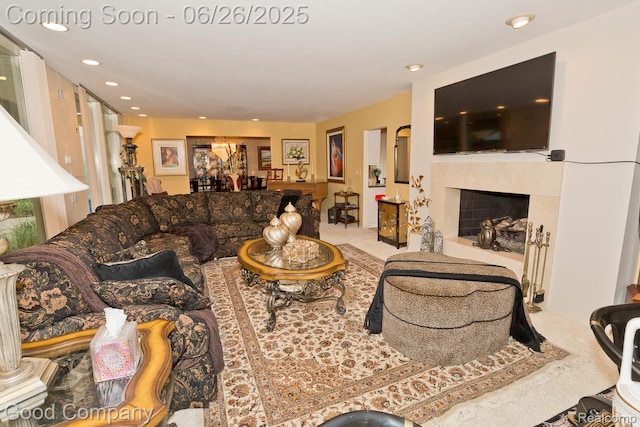 3788 Crestlake Dr, Bloomfield Hills, MI 48304 - living room featuring carpet floors, recessed lighting, and a fireplace