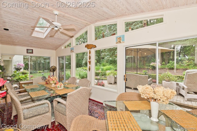 3788 Crestlake Dr, Bloomfield Hills, MI 48304 - sunroom / solarium with a ceiling fan, a skylight, outdoor dining area, wood ceiling, and high vaulted ceiling