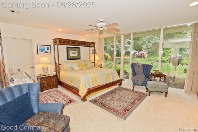 3788 Crestlake Dr, Bloomfield Hills, MI 48304 - carpeted bedroom with floor to ceiling windows, recessed lighting, and a ceiling fan