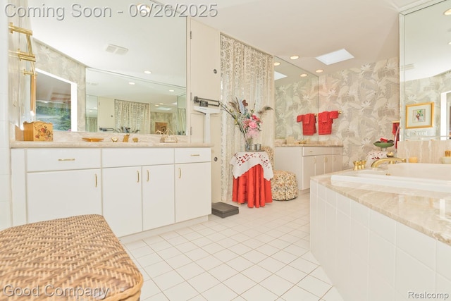 3788 Crestlake Dr, Bloomfield Hills, MI 48304 - full bath featuring wallpapered walls, tile patterned flooring, a bath, vanity, and recessed lighting