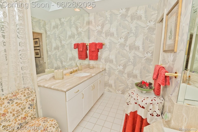 3788 Crestlake Dr, Bloomfield Hills, MI 48304 - bathroom with wallpapered walls, tile patterned flooring, and vanity
