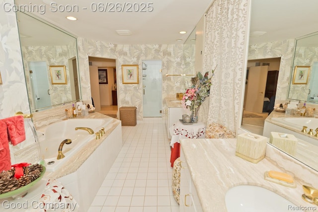 3788 Crestlake Dr, Bloomfield Hills, MI 48304 - bathroom featuring wallpapered walls, tile patterned floors, a tub with jets, vanity, and a shower