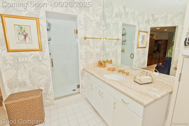 3788 Crestlake Dr, Bloomfield Hills, MI 48304 - ensuite bathroom featuring wallpapered walls, tile patterned flooring, a shower stall, and vanity