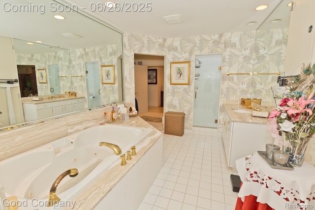 3788 Crestlake Dr, Bloomfield Hills, MI 48304 - full bathroom with tile patterned flooring, a jetted tub, vanity, a stall shower, and wallpapered walls